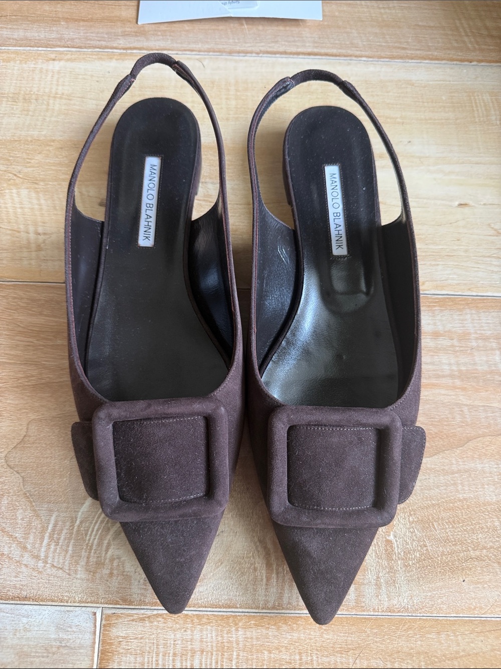 Manolo Blahnik Brown Suede Pointed Slingback Mules with Buckle